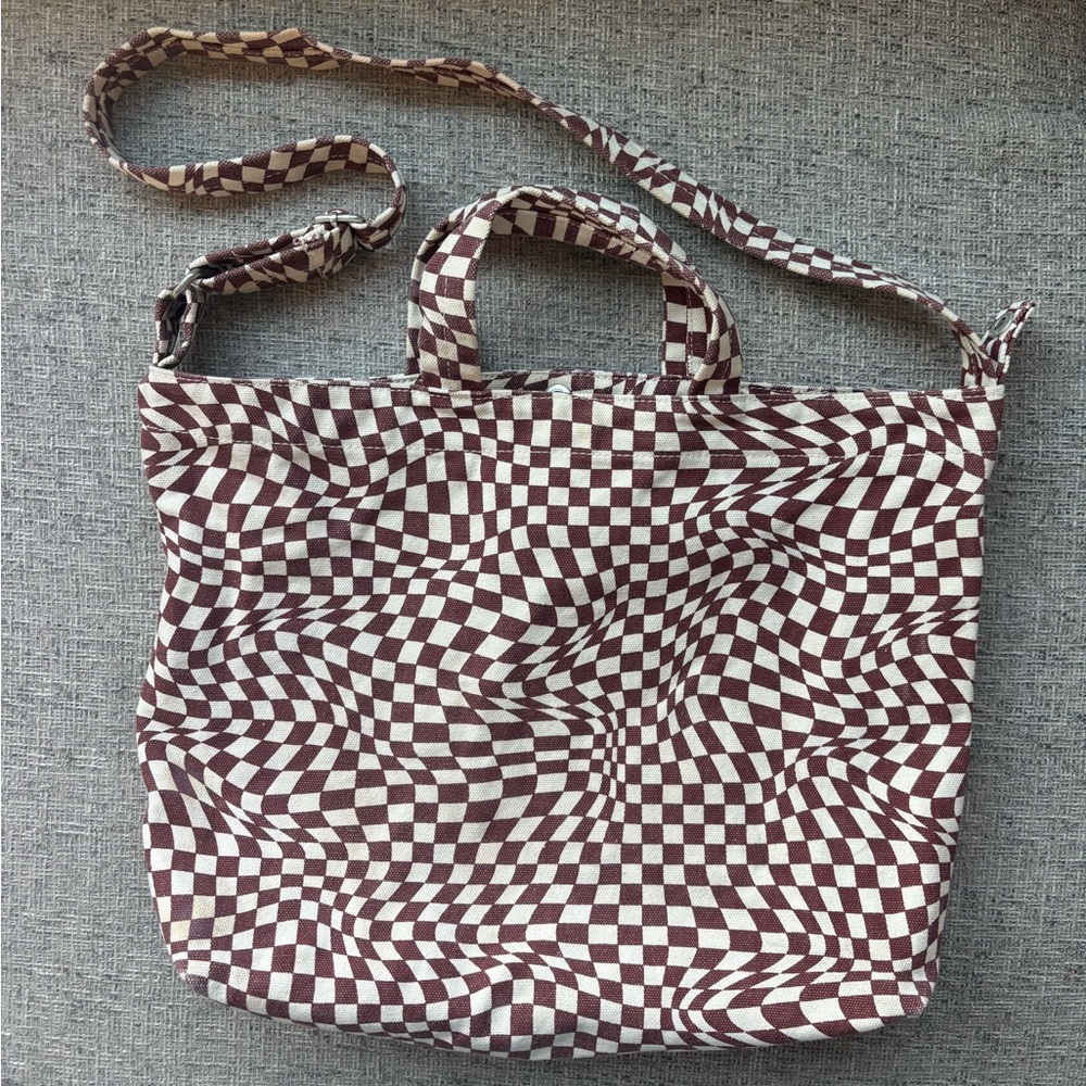 BAGGU Brown and White Trippy Checkerboard Tote Bag